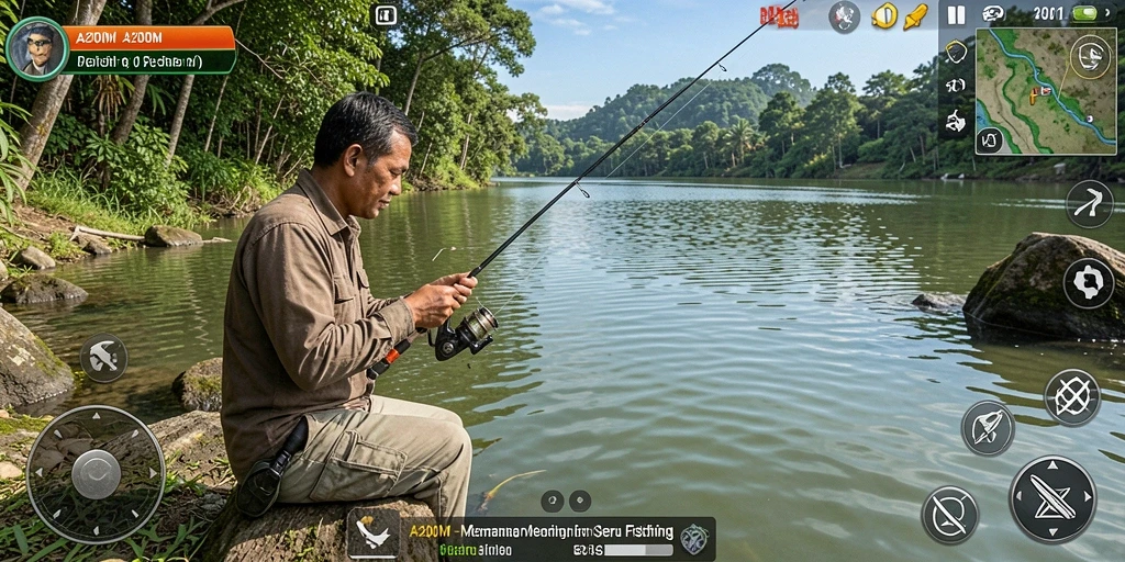 Tampilan gameplay A200M yang menampilkan berbagai jenis ikan dan teknik memancing.