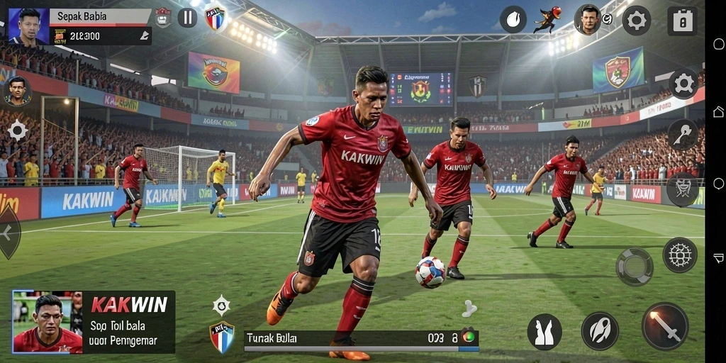 Tampilan screenshot KAKWIN menunjukkan aksi permainan sepak bola yang seru.
