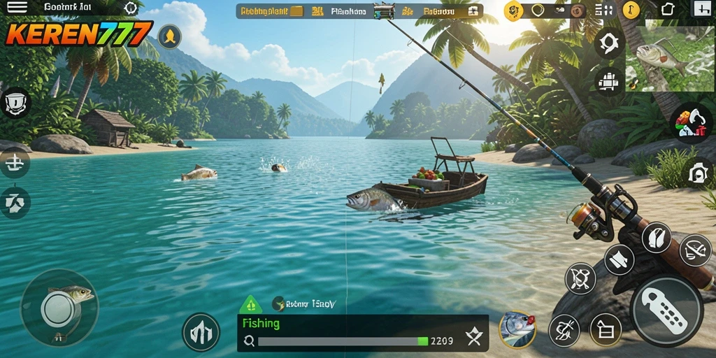 Screenshot gameplay KEREN777 menampilkan aksi seru memancing di lokasi eksotis.