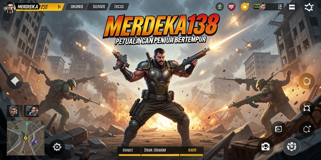 Screenshot utama MERDEKA138 menampilkan aksi pertempuran yang mendebarkan.