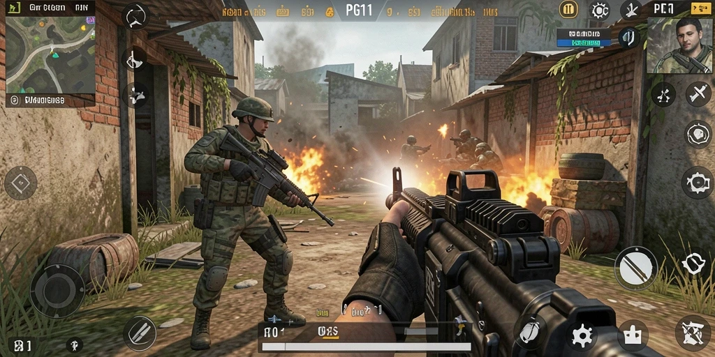 Screenshot utama PG11 menunjukkan aksi seru dalam pertempuran FPS yang intens.