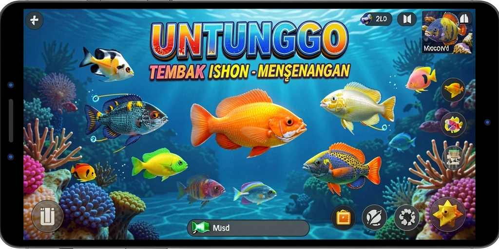Screenshot utama UNTUNGGO dengan aksi menembak ikan yang seru.