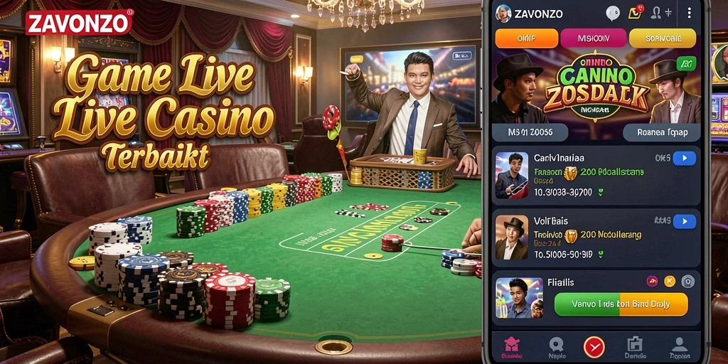 Screenshot ZAVONZO menampilkan dealer yang menghibur dalam permainan Live Casino.