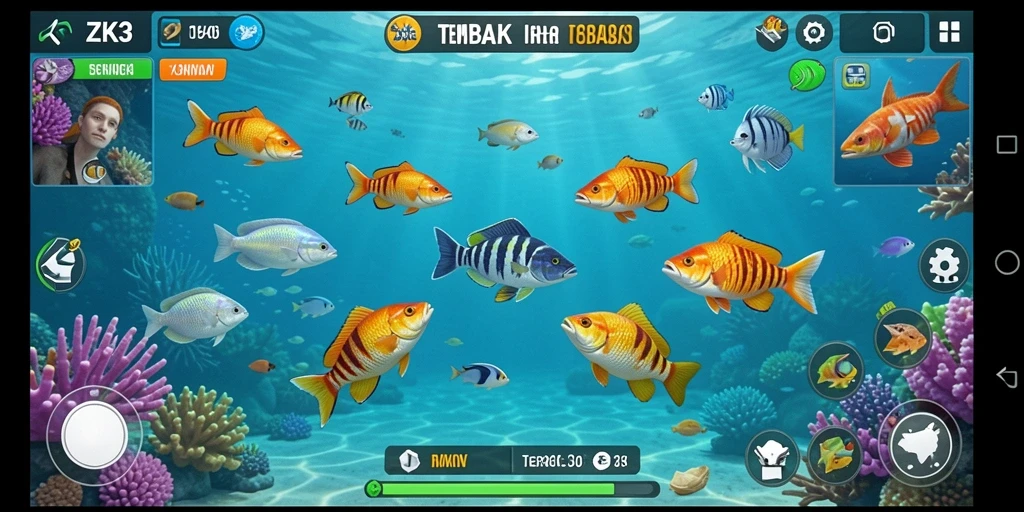 Screenshot gameplay ZK3 yang menampilkan aksi tembak ikan yang seru.
